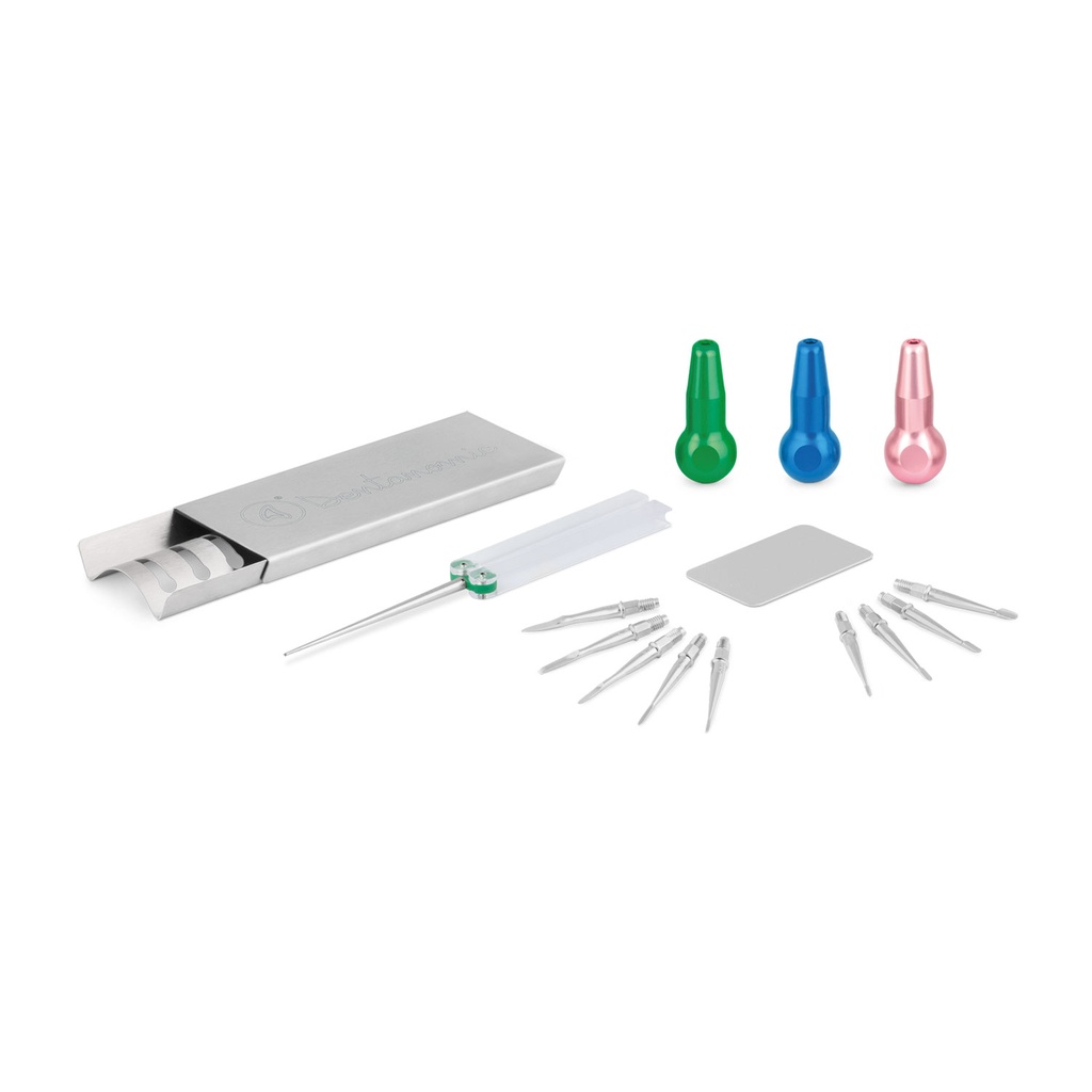 DENTANOMIC Set – Silber, bestehend aus 3 langen Handgriffen (grün, blau und rosa) + Elevator- und Luxator-Klingen Set (9 Stück) + Aufbewahrungsrack + Schleifset