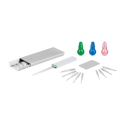 [175060] DENTANOMIC Set – Silber, bestehend aus 3 Standard Handgriffen (grün, blau und rosa) + Elevator- und Luxator-Klingen Set (9 Stück) + Aufbewahrungsrack + Schleifset