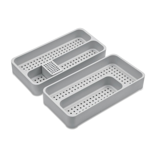 [500802] 2-teiliges Tray mit Einteilungen für Instrumentenset mit Bohrer-Halte-Block gelocht, geschlossene Seitenteile